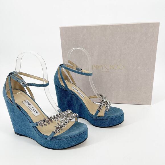 Jimmy Choo Blue Denim Bing 120 Crystal Embellished Wedge Sandal size IT 39 - Picture 1 of 15